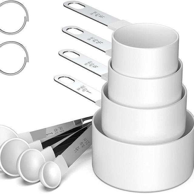 Measuring Cups and Spoons Set, 8 Piece Stackable Stainless Steel Handle Accurate Tablespoon for Measuring Dry and Liquid Ingredients Small Teaspoon with Plastic Head (8, White)