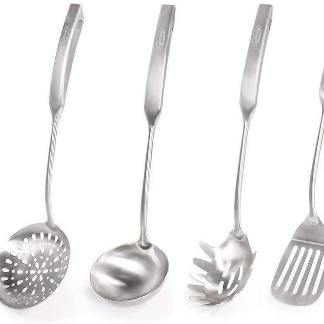 Newness Kitchen Utensil Set, 4pcs - 304 Stainless Steel Cooking Utensil Set with Skimmer Slotted Spoon, Spatula Turner, Spaghetti Server and Soup Ladle, Heat Resistant Kitchen Gadgets Tools for Gift