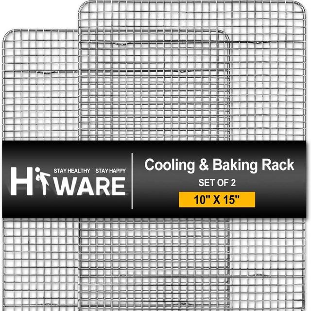 Hiware 2-Pack Cooling Racks for Baking - 10" x 15" - Stainless Steel Wire Cookie Rack Fits Jelly Roll Sheet Pan, Oven Safe for Cooking, Roasting, Grilling