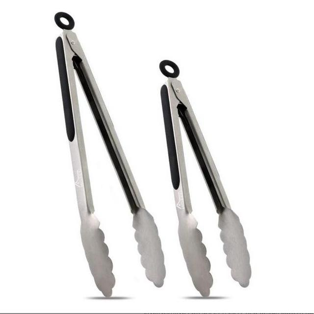 Hotec Stainless Steel Kitchen Tongs Set of 2 - 9" and 12", Locking Metal Food Tongs Non-Slip Grip (Black)