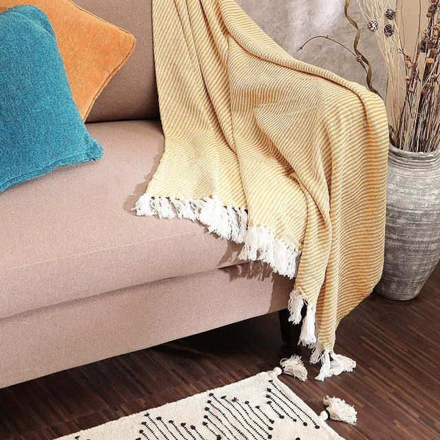 REDEARTH Classic Throw Blanket -Reversible Medium Weight Soft Lap Blanket for Sofa Bed Couch Chairs loveseats car, Living, Indoor/ Outdoor use 100% Cotton (50x60; Mustard)