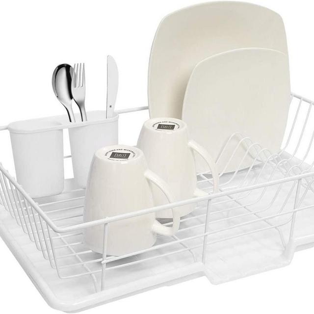 Sweet Home Collection 3 Piece Dish Drainer Rack Set with Drying Board and Utensil Holder, 12" x 19" x 5", White