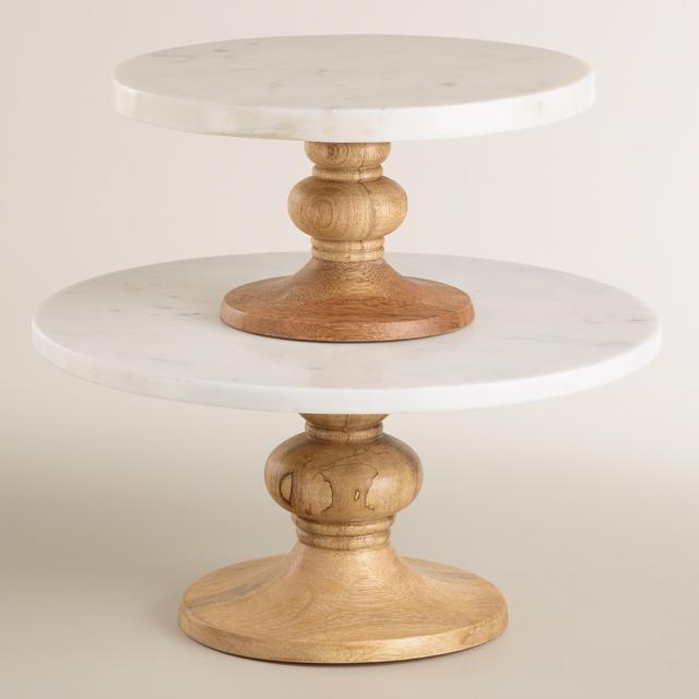 12" Round Marble and Wood Pedestal Stand
