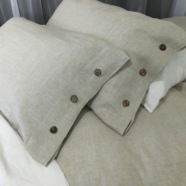 Cal. King Natural Linen Duvet Cover with Wood Button Closure, Washed linen bedding