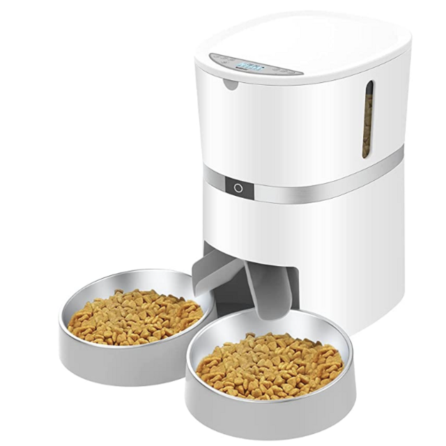 Automatic Cat Feeder, WellToBe Pet Feeder Food Dispenser for Cat & Small Dog with Two-Way Splitter and Double Bowls, up to 6 Meals with Portion Control, Voice Recorder - Battery and Plug-in Power