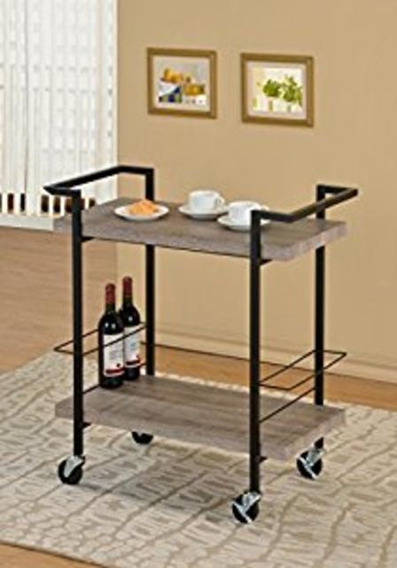 Reclaimed Wood Look Black Metal Bar Tea Wine Holder Serving Cart