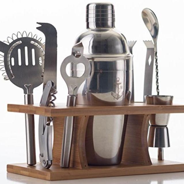 Stock Harbor 9 Piece Stainless Steel Bartender Set with Bamboo Base Kitchen Accessories Cocktail Bar tool Set