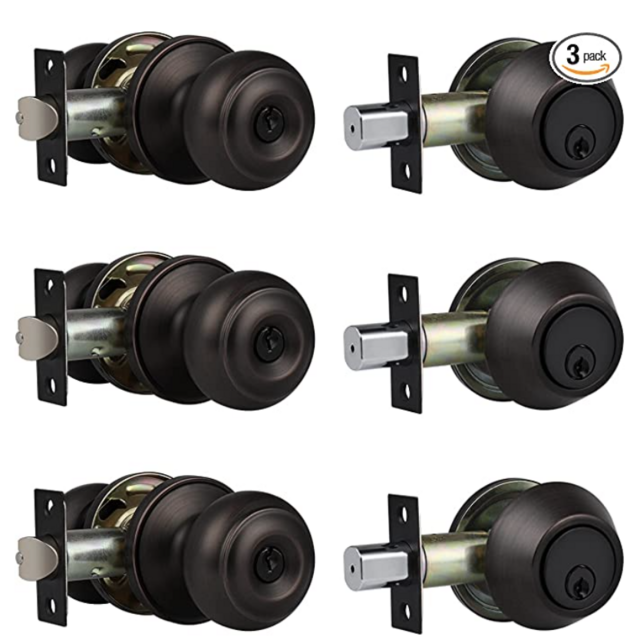 3 Pack Entry Door Knob and Deadbolt Set, Keyed Alike Oil Rubbed Bronze Exterior Door Knob with Single Cylinder Deadbolt Lock Set, Front Door Knob and Deadbolt for Entrance and Office Door