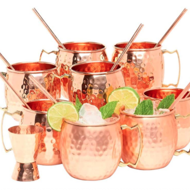 Kitchen Science Artisan Hand Crafted Moscow Mule Pure Copper Mugs 16 Ounce with BONUS - Your 8 pure copper cups set come with 8 copper Straws and a copper Jigger
