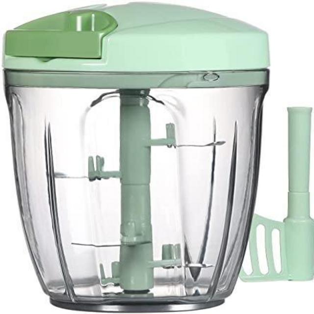 Ourokhome Garlic Grinder Onion Chopper, 2 in 1 Manual Food Processor Portable Speed Pull String Vegetable Cutter for Veggies, Ginger, Fruits, Nuts, Herbs with a blend blade etc, 900 ml, Green