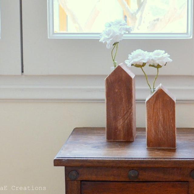 Wood bud vases set with test tubes, rustic wooden houses, spring home decor