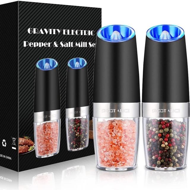 Gravity Electric Pepper and Salt Grinder Set, Adjustable Coarseness, Battery Powered with LED Light, One Hand Automatic Operation, Stainless Steel Black, 2 Pack