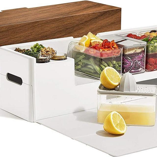 Prepdeck Recipe Prep & Storage Station - 8 Essential Tools + Deluxe Cutting Board + 15 Tritan Plastic Containers with Air-Tight Lids + Removable Scrap Collector - Microwave & Dishwasher Safe