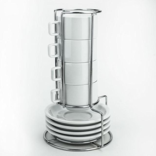 HUJI Stack-able Porcelain 3.2 OZ Espresso Turkish Coffee Cups and Saucer with Chrome Rack (9 Piece Set) (1)
