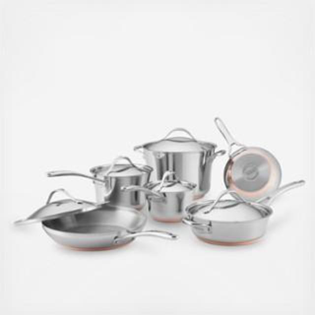 Anolon 11-Piece Nouvelle Copper Stainless Steel Cookware Set, Silver