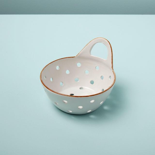 Tan Rim Stoneware Colander Basket with Handle