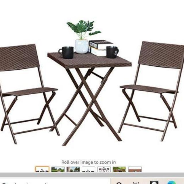 Aoodor 3 Pieces Foldable Wicker Patio Furniture Bistro Set Chair Square Table Conversation Sets - Brown