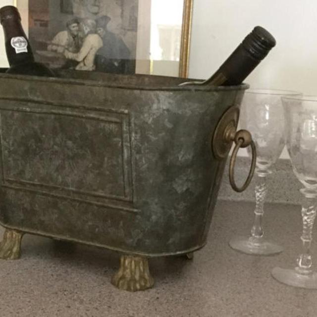 Antique Regency Style Galvanized Brass Paw Footed Double Wine Beverage Cooler Cachepot Planter Jardiniere