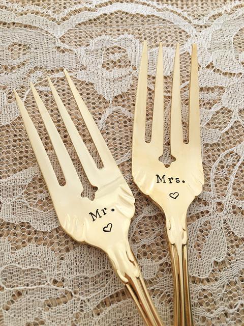 Gold Mr. and Mrs. forks, hand stamped vintage salad cake wedding set, flirtation
