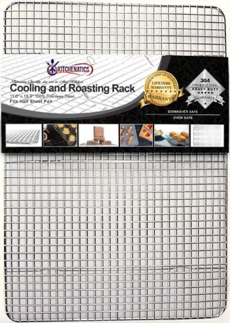 Kitchenatics 100% Stainless Steel Cooling Rack 304 Thick-Wire Grid Fits 13" x 18" Half Sheet Baking Pan for Cooking Roasting BBQ and Grilling Oven Safe Rust-Resistant Includes Recipe eBook