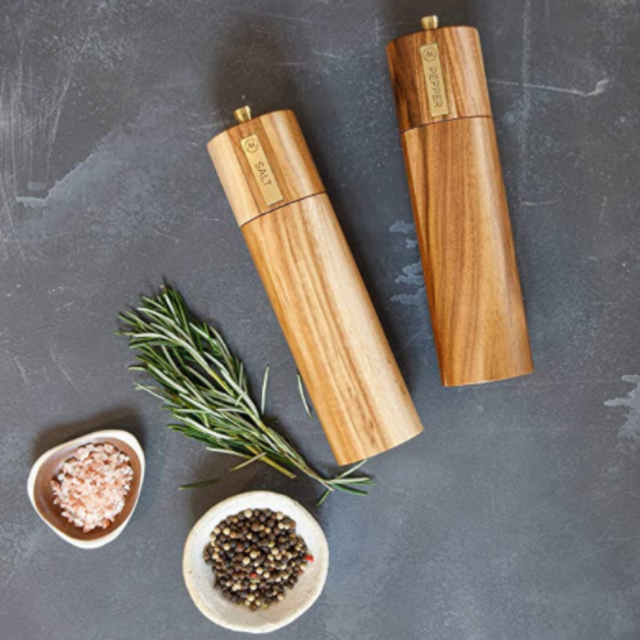 Wooden Salt and Pepper Grinder Set, Sustainable Acacia Wood, 8" - Elegant Sea Salt Grinder and Black Pepper Mill Set for Seasoning, Cooking, Dining - Salt and Pepper Grinders Refillable