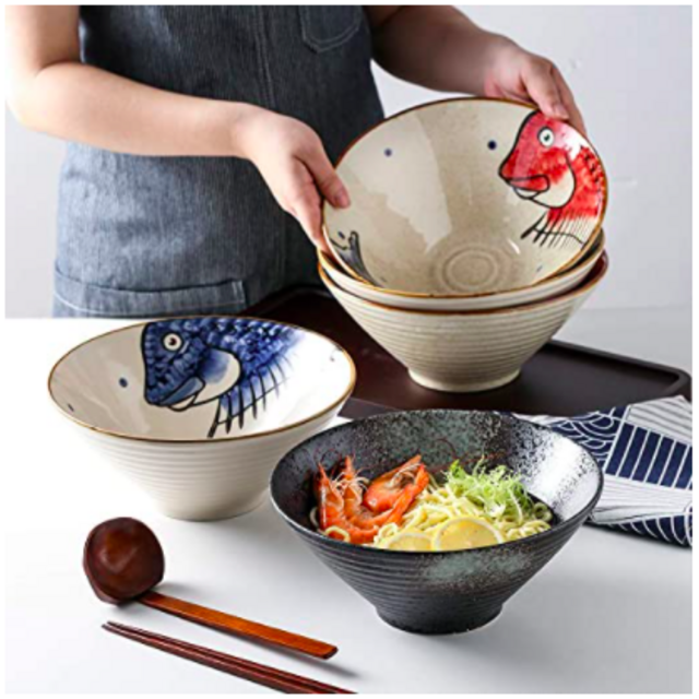 Ceramic Japanese Ramen Noodle Soup Bowl, 2 Sets (6 Piece) 60 Ounce, with Matching Spoon and Chopsticks for Udon Soba Pho Asian Noodles, Red