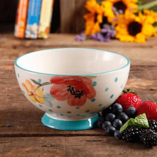 The Pioneer Woman Flea Market 6" Decorated Footed Bowls, Bloom Dots Turquoise, Set of 4