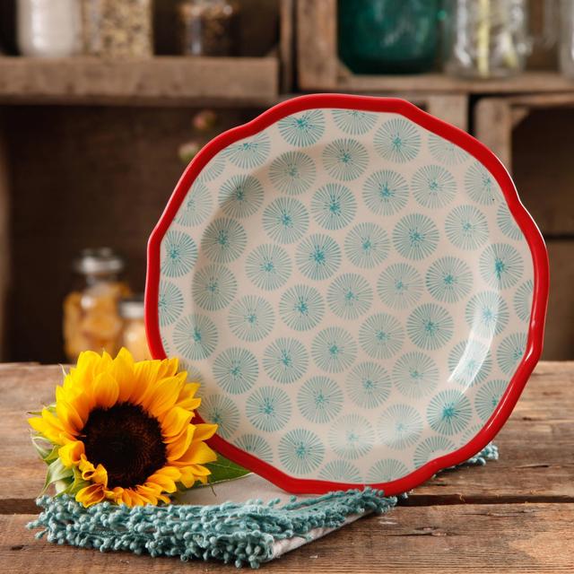 The Pioneer Woman Happiness 8.5" Red Rim Decorated Scallop Shape Salad Plates, Set of 4
