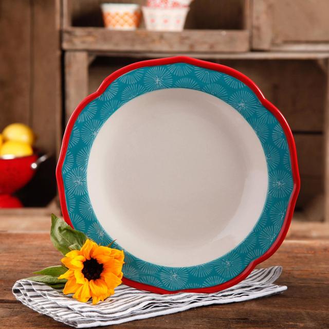 The Pioneer Woman Happiness 10.5" Red Rim Decorated Scallop Shape Dinner Plates, Set of 4