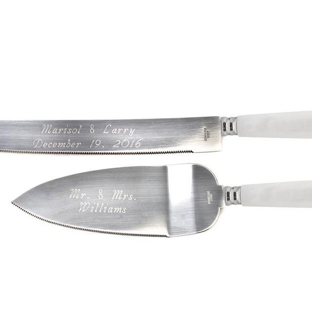 Personalized Wedding Cake Knife & Server Ivory Faux Pearl Set Engraved Custom