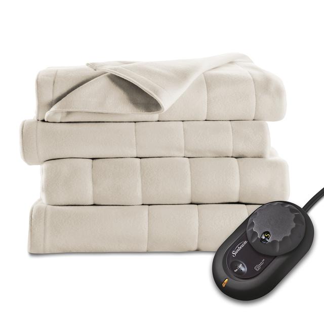 Amazon | Sunbeam Quilted Fleece Heated Blanket, Queen, Seashell
