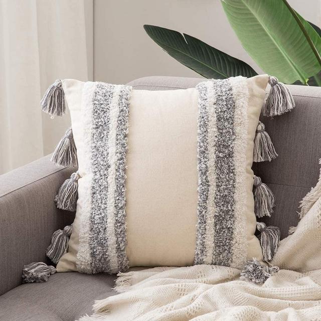 MIULEE Decorative Throw Pillow Cover Tribal Boho Woven Tufted Pillowcase with Tassels Super Soft Square Pillow Sham Pillowcase Cushion Case for Sofa Couch Bedroom Car Living Room 20x20 Inch Grey