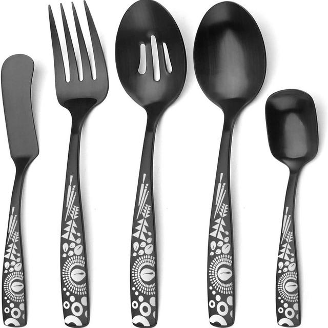 Bysta Serving Utensils Set, Matte Black 5-Piece Hostess Set, Stainless Steel Silverware Flatware Cutlery Serving Set, Satin Finish, Dishwasher Safe