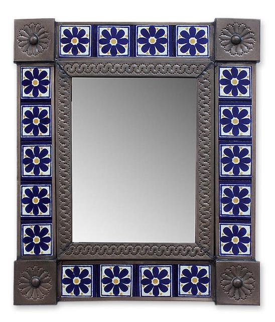 Mexican WildflowersHand Crafted Floral Tin Mirror with Talavera Tiles (14 Inch)