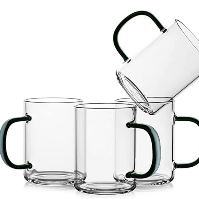 LUXU Glass Coffee Mugs Set of 4,Borosilicate Glass Coffee Cups 9 fl.oz,Lead-Free Drinking Glasses,Premium Tea Cups with Dark Green Handle,Latte & Mocha Mugs,Espresso Coffee Gifts for Home and Cafe