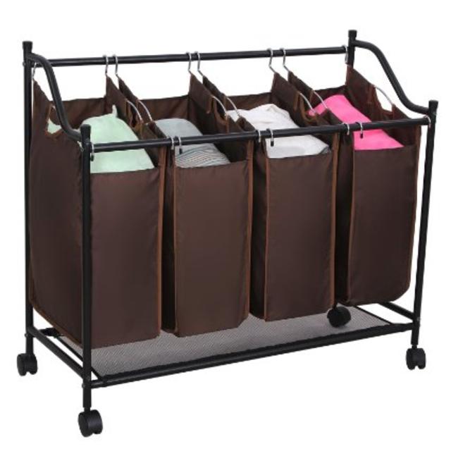 Songmics 4-bag Rolling Laundry Sorter Cart Heavy-duty Laundry Bin Bag Hamper with 4 Wheels Dark Brown URLS95Z