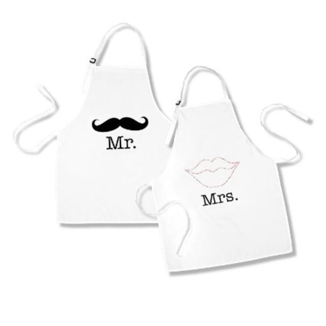Mr. and Mrs. Aprons with Mustache and Red Rhinestone Lips Wedding Gift for Couples
