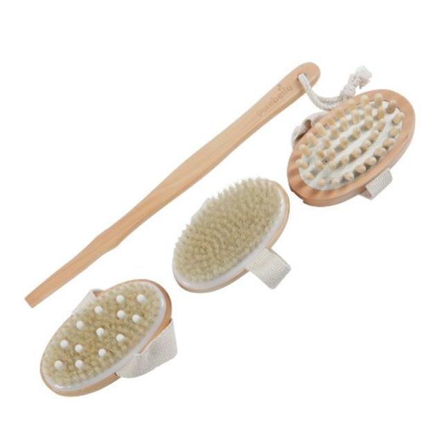 Natural Dry Body Brush - Three detachable heads, including Natural Cellulite Massager and Brush with Rubber Nubs