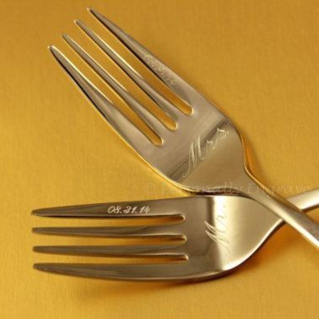 Wedding Fork Tines and Face Engraved on Stainless Steel, set of 2-- for cake cutting