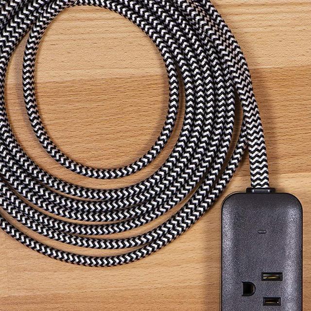 Cordinate Designer USB Charging Station Extension Cord, Power Strip Surge Protector, 2 Outlets, 2 USB Ports, Extra Long 10 Ft Cable with Flat Plug, Braided Cord, 2.4A Fast Charge, Black/White, 41885