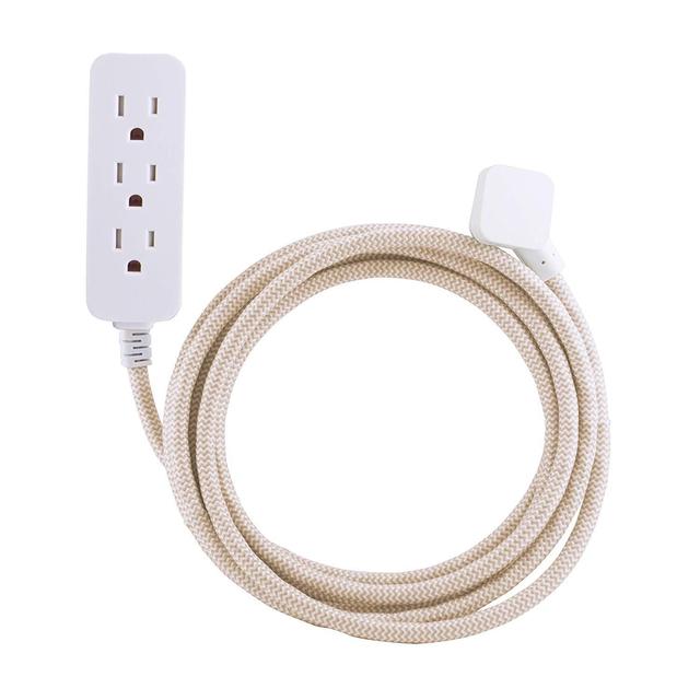 Cordinate Designer 3-Outlet Extension Cord with Surge Protection, Brown Braided Décor Fabric Cord, 10 ft, Low-Profile Plug with Tamper Resistant Safety Outlets, 37916