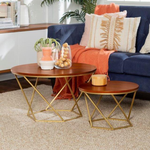 Eloise Geometric Walnut/Gold Nesting End Tables by Ember Interiors