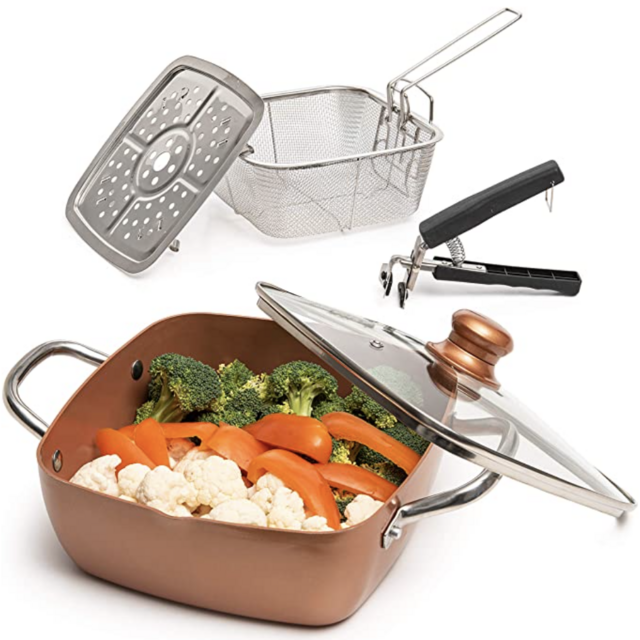Moss & Stone Copper 5 Piece Set Chef Cookware, Non Stick Pan, Deep Square Pan, Fry Basket, Steamer Rack, Dishwasher & Oven Safe, 5 Quart