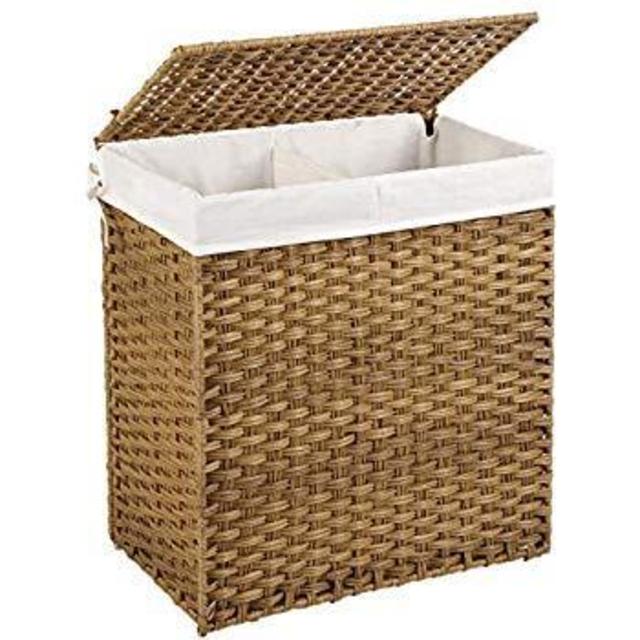 SONGMICS Handwoven Laundry Basket with Lid, 110L Synthetic Rattan Divided Clothes Hamper with Handles, Foldable, 2 Sections Removable Liner Bag, Stable Iron Frame, Natural ULCB52NL
