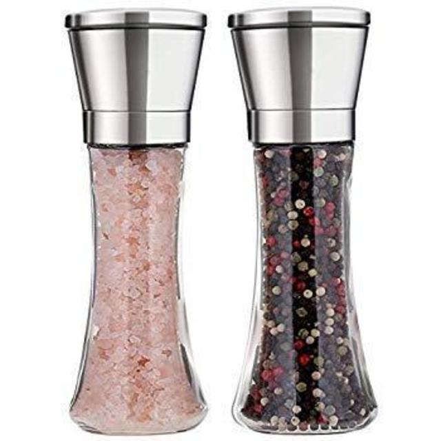 Salt and Pepper Grinder Set of 2 Stainless Steel Manual Spice Salt & Pepper Grinder Set With Adjustable 5 Grade Coarseness Ceramic Rotor Mill Grinders Shakers Gift Set with Silicone Funnel