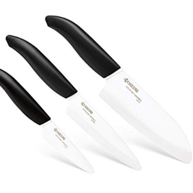 Kyocera Advanced Ceramics – Revolution Series 3-Piece Ceramic Knife Set: Includes 6-inch Chef's Knife; 5-inch Micro Serrated Knife; and 3-inch Paring Knife; Black Handles with White Blades