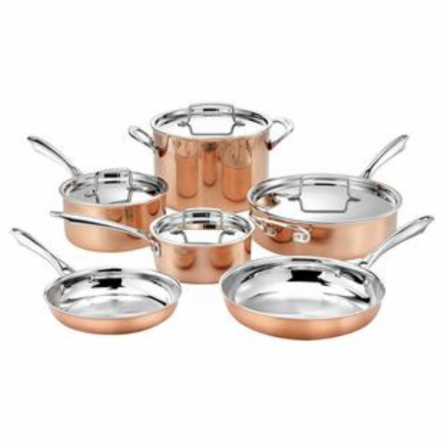 Cuisinart 10pc Tri-Ply Cooper Cookware Set: 1qt with Cover,2.5qt with Cover,4qr Saute with Cover and Helper Hander, 8" and 10" Skillets, 8 Quart Stock Pot, 10 Piece Set, Copper