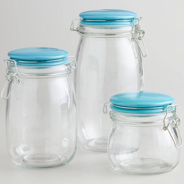 Glass Canisters with Mint Ceramic Clamp Lids