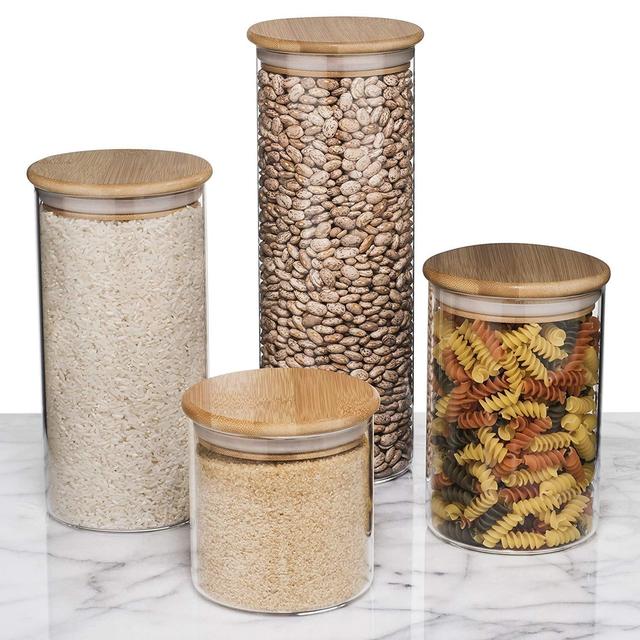Glass Food Storage Containers with Lids by Sweetzer and Orange - Set of 4 Kitchen Canisters - Candy, Cookie, Rice and Spice Jars - Sugar or Flour Container - Big and Small Airtight Food Jar for Pantry