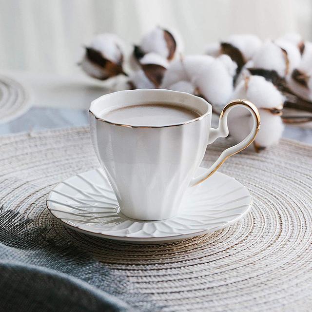 BTäT- Tea Cups and Saucers, Set of 4 (6 oz) with Gold Trim and Gift Box, Cappuccino Cups, Coffee Cups, White Tea Cup Set, British Coffee Cups, Porcelain Tea Set, Latte Cups, Espresso Mug, White Cups